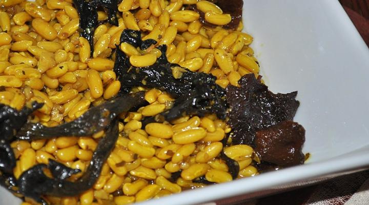 Saffron White Rice Bean With Mushroom Medley & Par Seared Halibut
