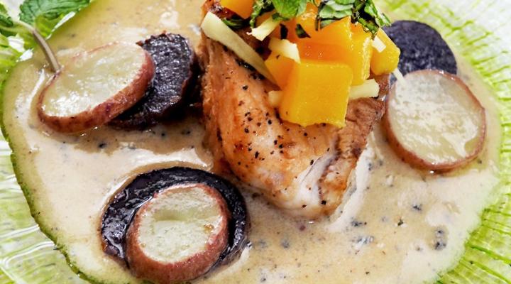 Sustainable Spiny Dogfish w/White Wine Truffle Sauce & Minty Mango Ginger Relish