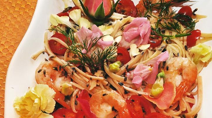 Lemon Linguine Pasta Salad with Edible May Flowers