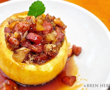 Warm Stuffed Baked Apple with Smoked Turkey Sausage and Almond Caramel