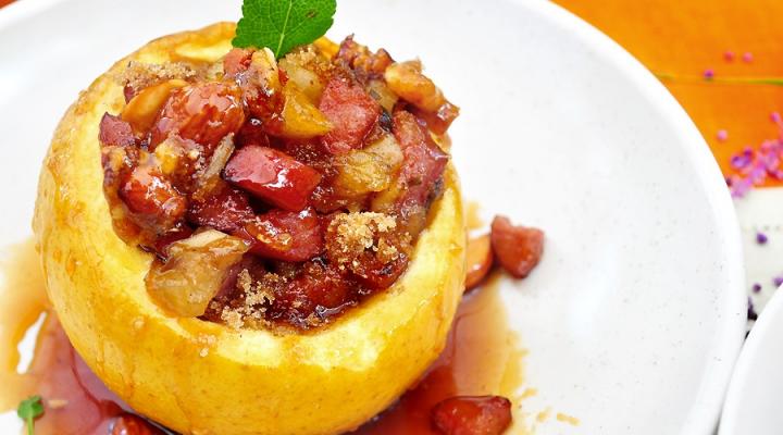 Warm Stuffed Baked Apple with Smoked Turkey Sausage and Almond Caramel