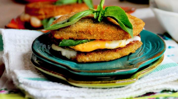 Roasted Red Pepper Hummus & Cheese Open Face Eggplant Sandwich & Other March Madness Snackables