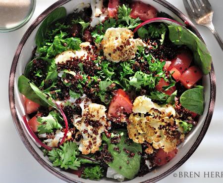 Roasted Cauliflower & Quinoa Salad with Walnut Pomegranate Dressing