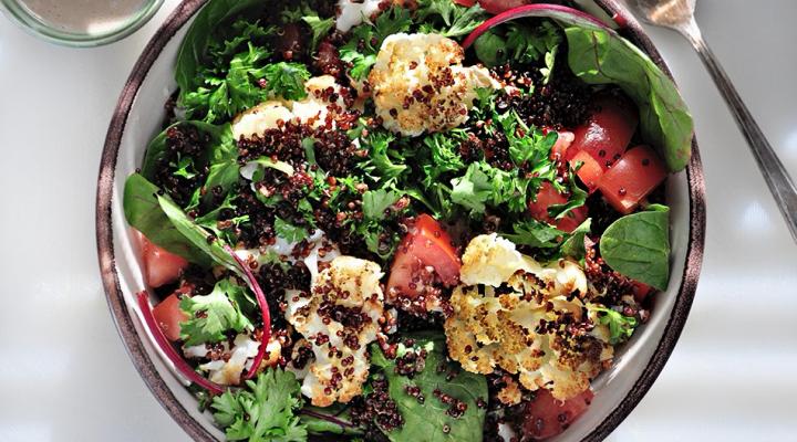 Roasted Cauliflower & Quinoa Salad with Walnut Pomegranate Dressing