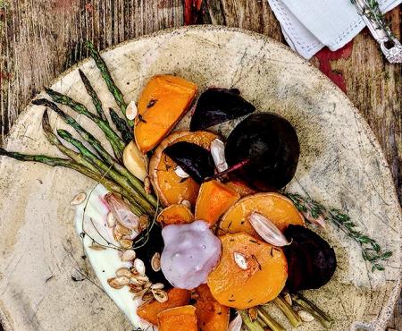 Roasted Root Vegetable Plate with Beetroot Meringue Air and Champagne Mustard Vinaigrette