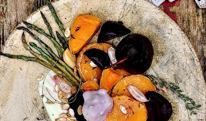 Roasted Root Vegetable Plate with Beetroot Meringue Air and Champagne Mustard Vinaigrette