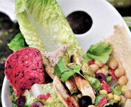 The Remixed SouthWestern Salad: Grilled Chicken with Hummus, Chickpeas & Cilantro Avocado Aioli