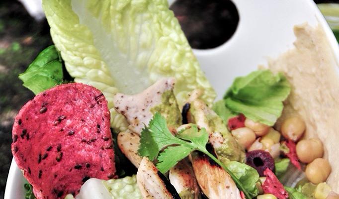 The Remixed SouthWestern Salad: Grilled Chicken with Hummus, Chickpeas & Cilantro Avocado Aioli