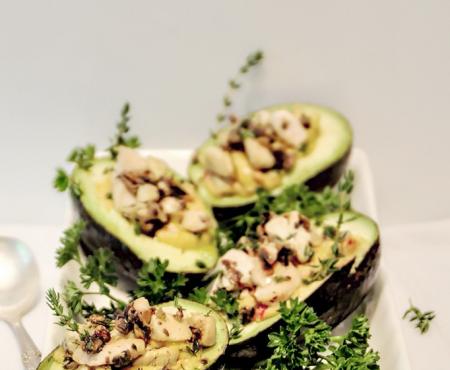 Thyme and Mushroom Chicken with Roasted Red Pepper Hummus Stuffed Avocado