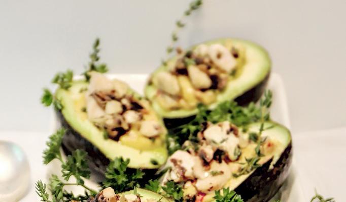 Thyme and Mushroom Chicken with Roasted Red Pepper Hummus Stuffed Avocado