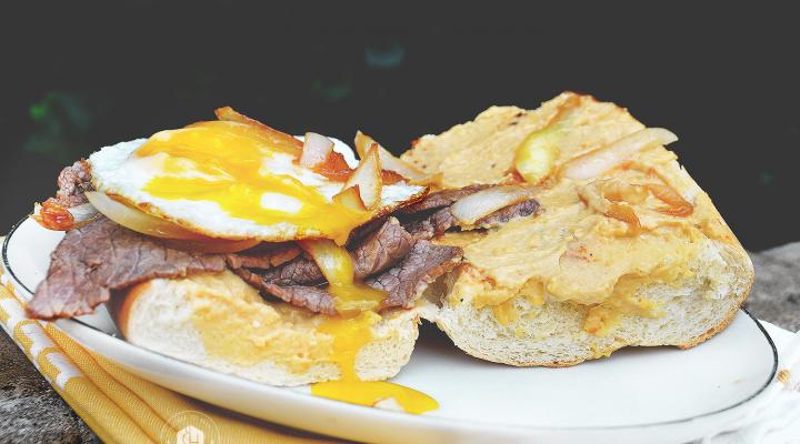 Pan Con Bistec with Garlic Hummus & That Sexy Runny Egg {Egg & Steak Sandwich)