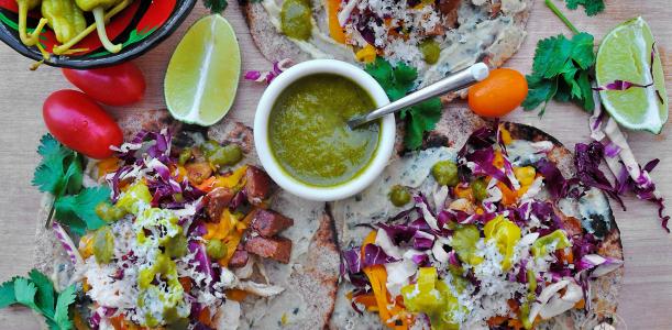 Labor Day Chicken & Chorizo Tacos with Garlic Herb Sabra Hummus Spread