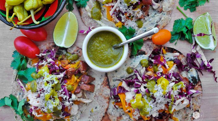 Labor Day Chicken & Chorizo Tacos with Garlic Herb Sabra Hummus Spread