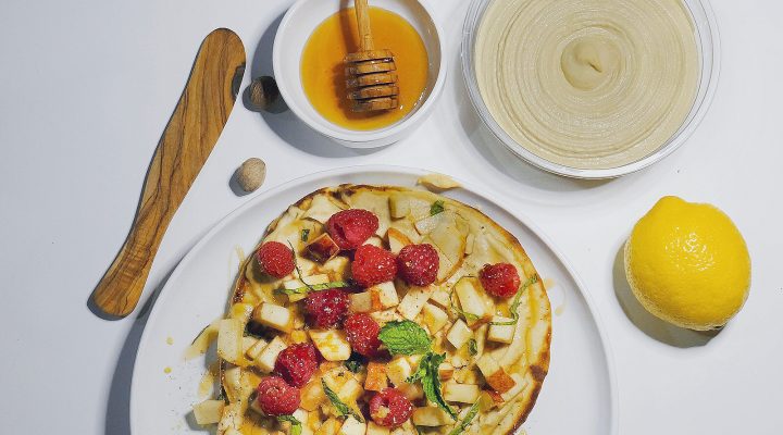 Lemon Twist Hummus Toast With Raspberries + Apples